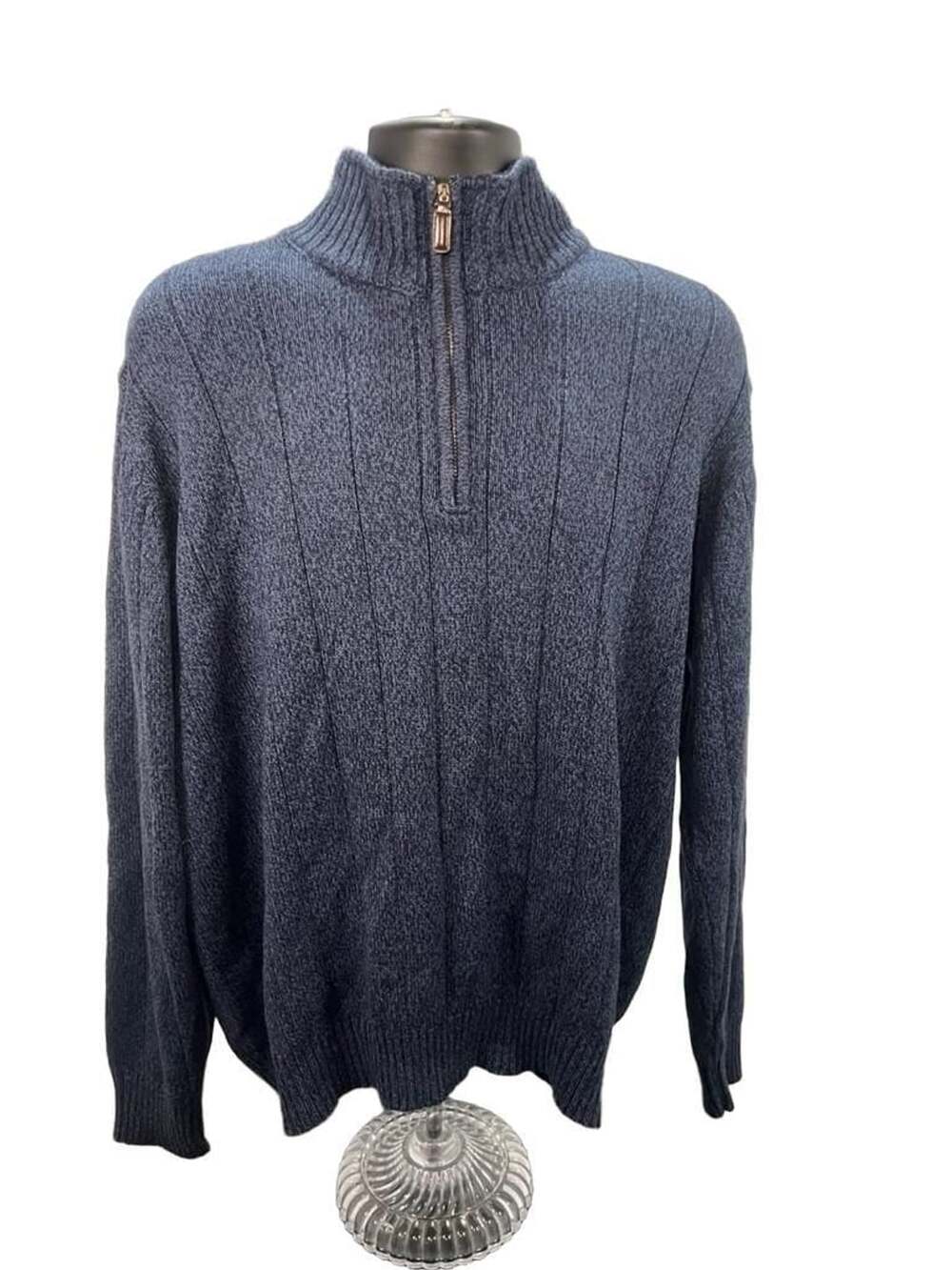 Oscar De La Renta 1/4 Zip Ribbed Knit Sweater Marled Blue Long Sleeve